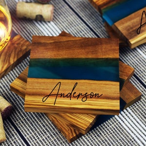 Italian Olive Wood Coasters, Set of 4, Turquoise Resin River Epoxy Coaster Set, Personalized Coasters, Custom Engraved Gift, Wedding image 9