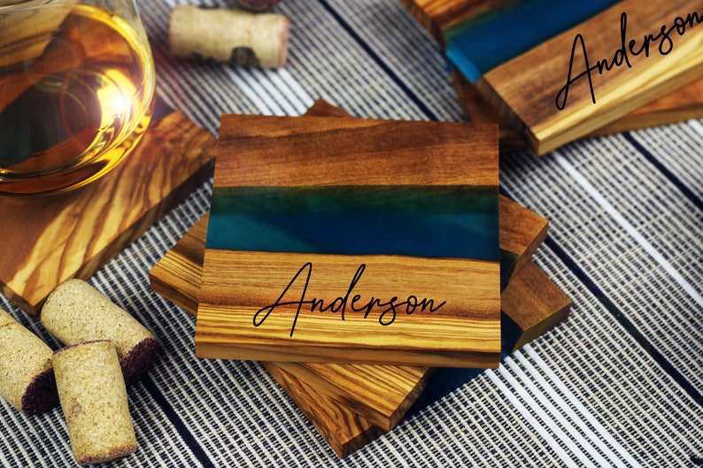 Italian Olive Wood Coasters, Set of 4, Turquoise Resin River Epoxy Coaster Set, Personalized Coasters, Custom Engraved Gift, Wedding image 9