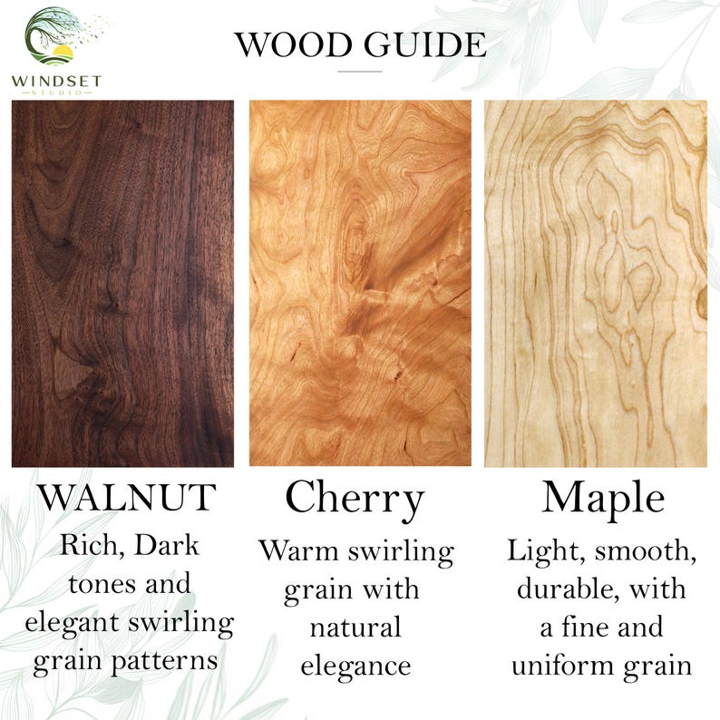 May include: A wood guide featuring three wood types: Walnut, Cherry, and Maple. Walnut has rich, dark tones and elegant swirling grain patterns. Cherry has warm swirling grain with natural elegance. Maple is light, smooth, durable, with a fine and uniform grain.