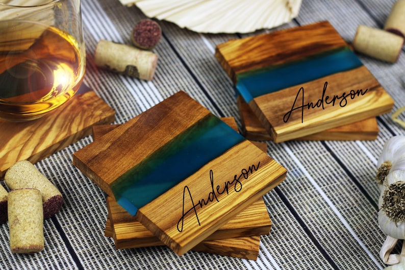 Italian Olive Wood Coasters, Set of 4, Turquoise Resin River Epoxy Coaster Set, Personalized Coasters, Custom Engraved Gift, Wedding image 6