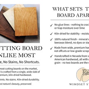 May include: Three wooden cutting boards in varying shades of brown and tan are displayed. The boards are square and made from hardwood. Text on the image reads "A Cutting Board Unlike Most" and highlights features like no glue lines and kiln-dried stability.