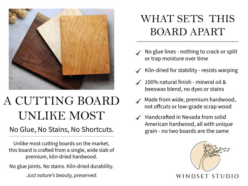 May include: Three wooden cutting boards in varying shades of brown and tan are displayed. The boards are square and made from hardwood. Text on the image reads "A Cutting Board Unlike Most" and highlights features like no glue lines and kiln-dried stability.