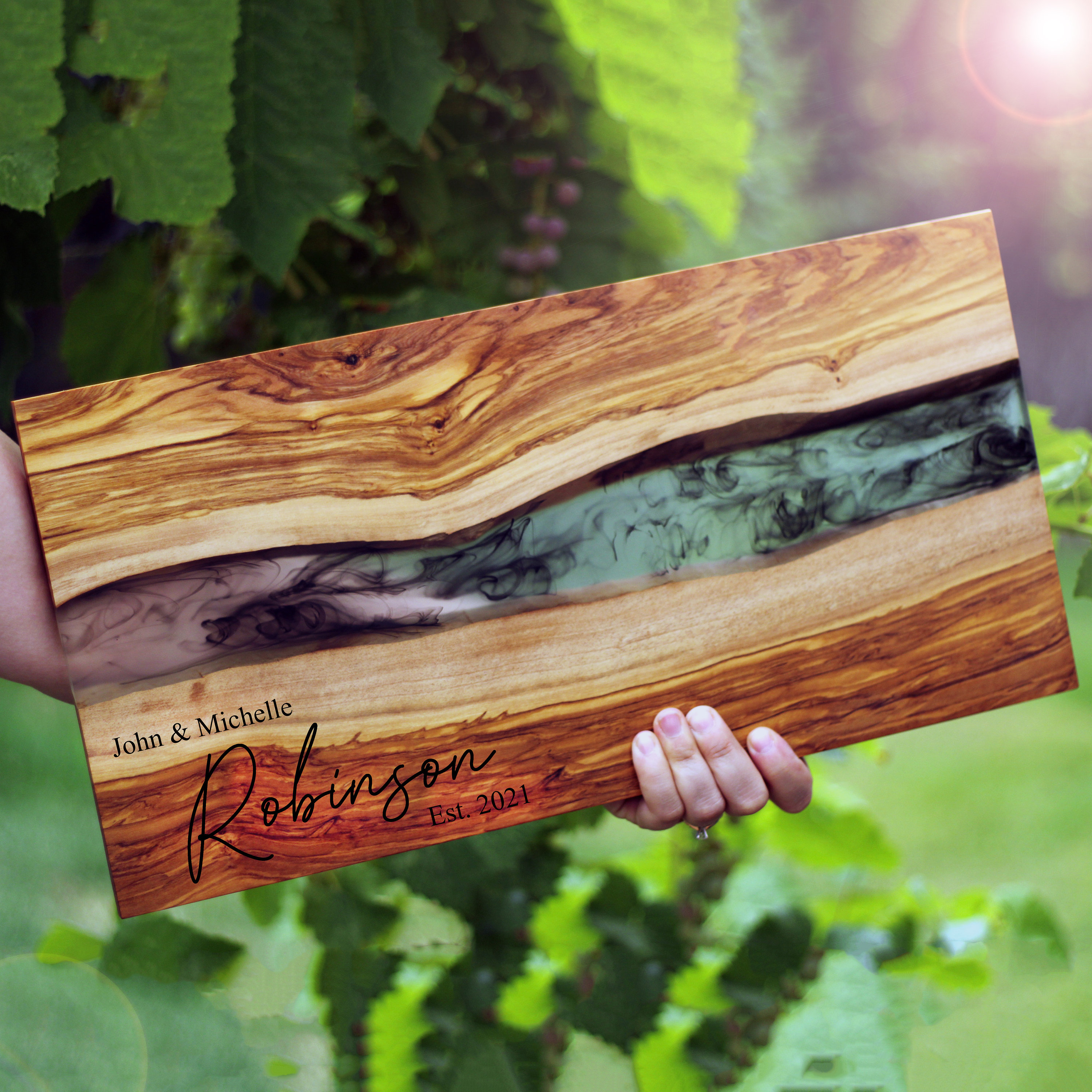 Large Wood Cutting Board with Gourgeous Black, Grey and Gold Resin.