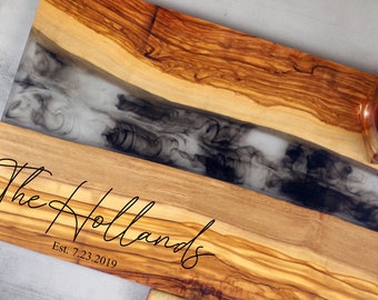 Olive Wood Charcuterie Board, Custom Modern Serving Tray, Large Live Edge Personalized Charcuterie Board, Engraved Cheese Board Resin