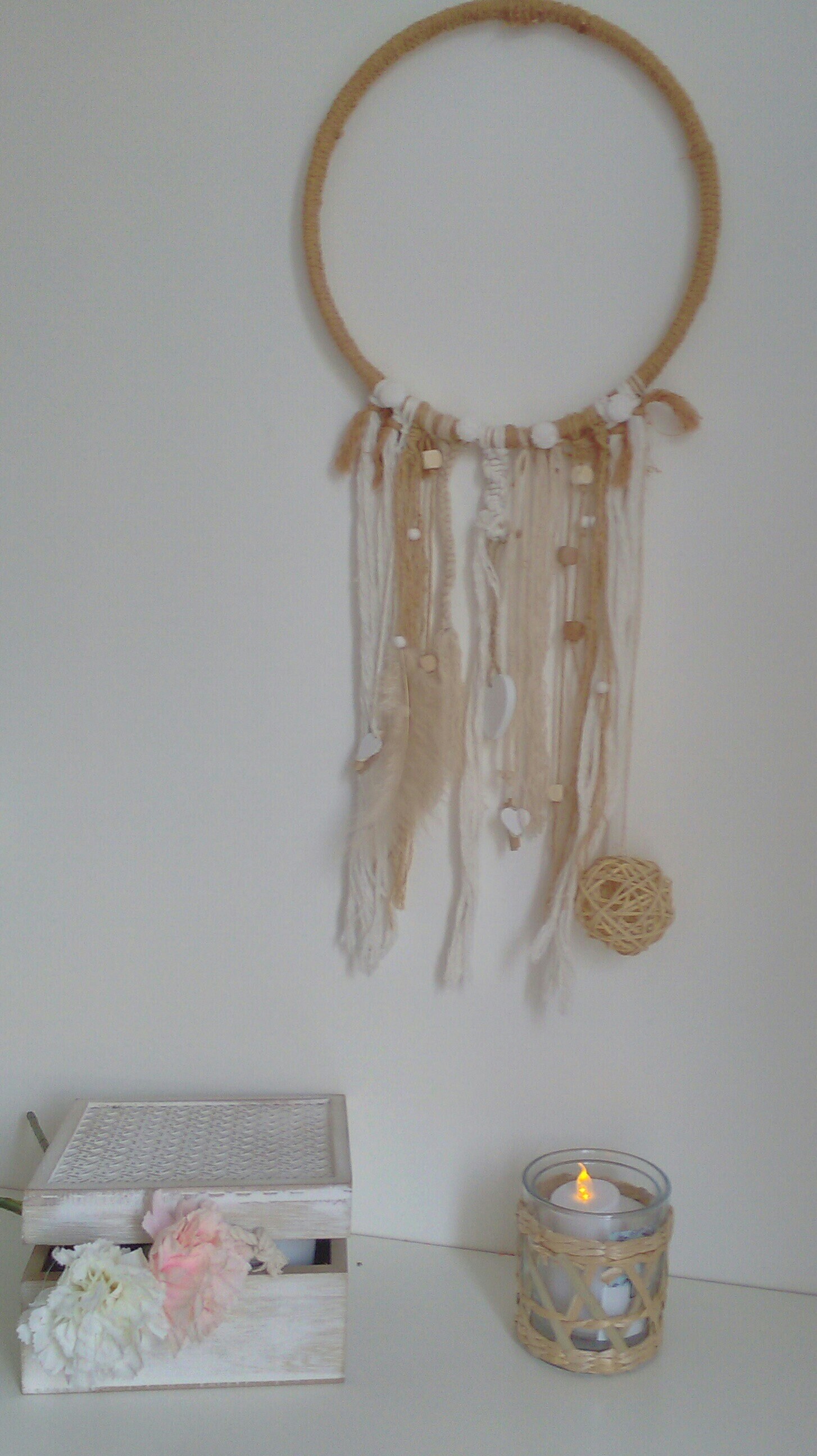 Suspension Murale Macramé Attrape Rêve Beige et Blanc