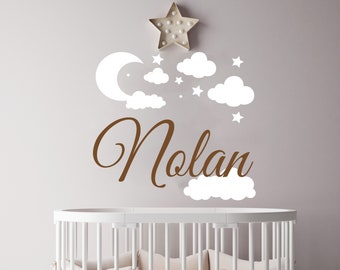 Custom Name with Moon Clouds and Stars Stickers - Nursery Baby Name Wall Art - Wall Decal for Nursery Bedroom Playroom Decoration