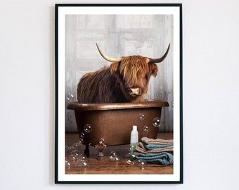 Quirky Home Decor: Highland Cow in Bathtub Wall Art Print Whimsical Bathroom Art Cheerful Wall Decor