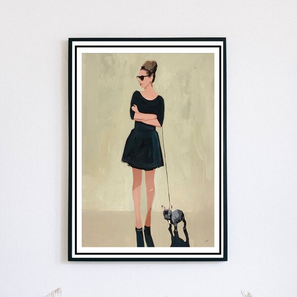 Chic Companion: Glamorous Lady with French Bulldog Wall Art Print" Fashionable Duo Stylish Stroll Sophisticated Pair