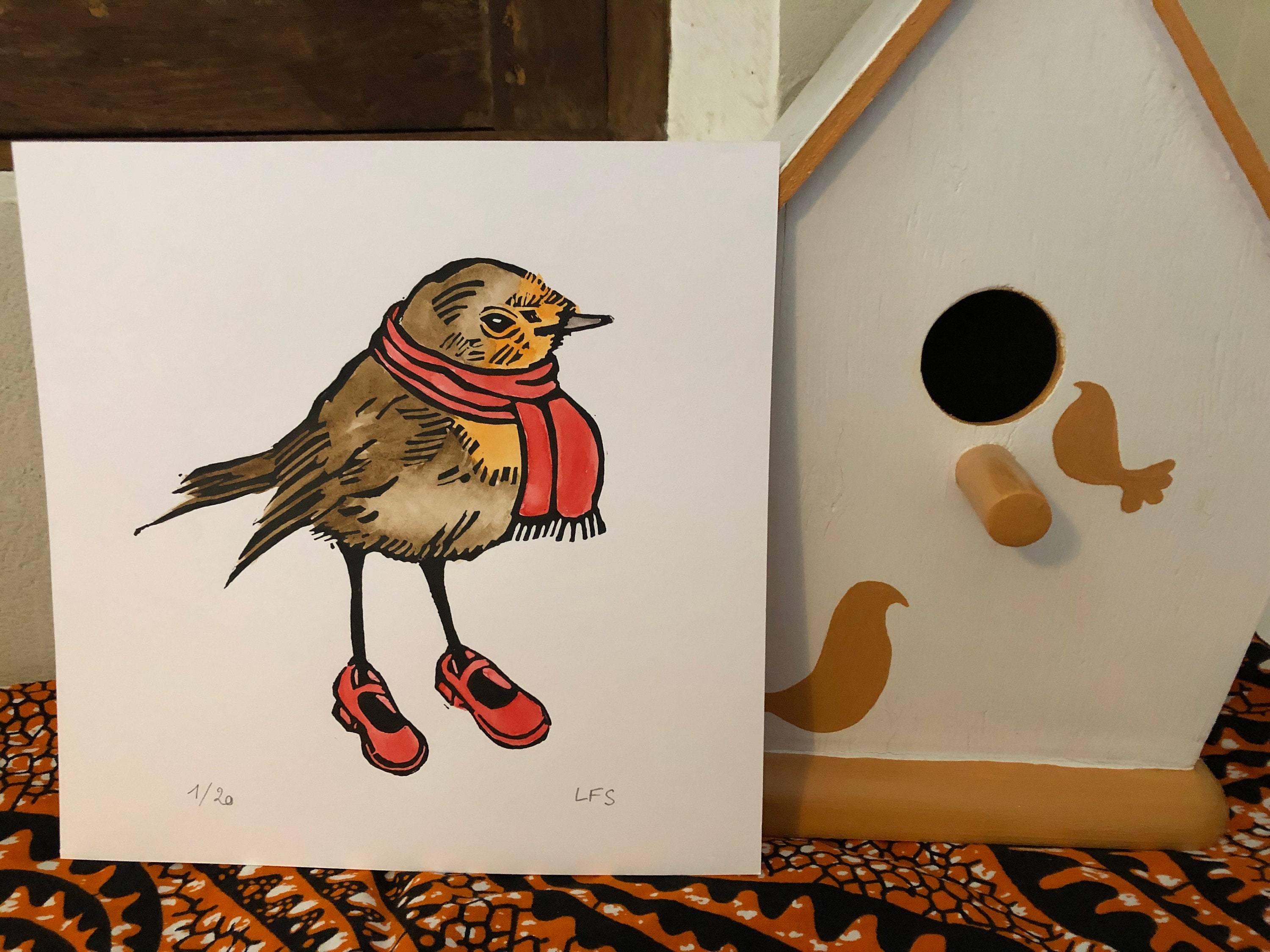 Linogravure Mademoiselle Rouge Gorge