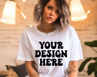 White Bella Canvas 3001 Mockup, White T-shirt Boho Mockup, Bohemian Model Mockups, Bella Canvas Mockup, Bella 3001 Boho Mockup, Bohemian