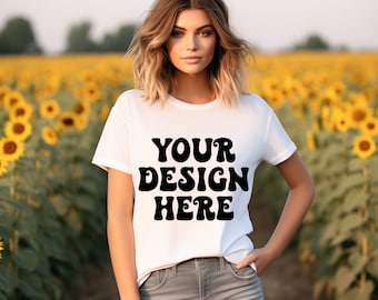 White Bella Canvas 3001 Mockup, White T-shirt Sunflower Mockup, Model Mockup, Bella Canvas Mockup, Bella 3001 Farm Mockup, Farm Girl Mockup