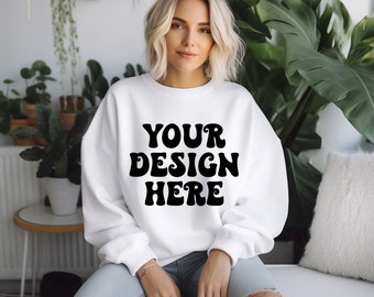 Gildan 18000 Mockup, White Sweatshirt Mockup, Plant Lady Mockup, Gildan 18000 Sweater, White Gildan Crewneck Mockup, Boho Sweater Mockup