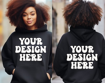 Voor- en achterkant Gildan 18500 Mockup, achterkant Mockup, Pocket Mockup, Gildan Black Hoodie Mockup, Oversized Mockup, Gildan 18500 Hoodie Mockup