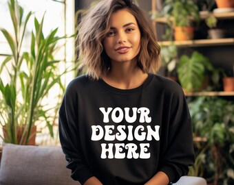 Gildan 18000 Mockup, Black Sweatshirt Mockup, Plant Lady Mockup, Gildan 18000 Sweater, Black Gildan Crewneck Mockup, Boho Sweater Mockup