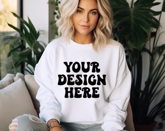 Gildan 18000 Mockup, White Sweatshirt Mockup, Plant Lady Mockup, Gildan 18000 Sweater, White Gildan Crewneck Mockup, Boho Sweater Mockup
