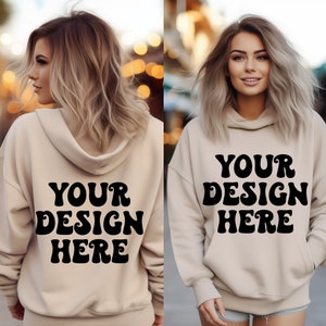 Front and Back Gildan 18500 Mockup, Backside Mockup, Pocket Mockup, Gildan Beige Hoodie Mockup, Oversized Mockup, Gildan 18500 Hoodie Mockup