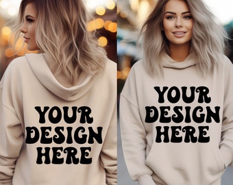 Front and Back Gildan 18500 Mockup, Backside Mockup, Pocket Mockup, Gildan Beige Hoodie Mockup, Oversized Mockup, Gildan 18500 Hoodie Mockup