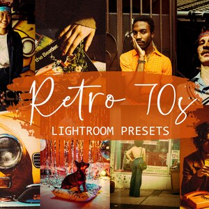 May include: A collage of images with a retro 70s theme. The images include a woman wearing a blue bandana, a vintage car, a person holding a record, a man wearing a yellow shirt, a man wearing a blue and white striped shirt, a woman wearing a black dress, a dog, and a man wearing a brown jacket. The text "Retro 70s Lightroom Presets" is superimposed on the images.