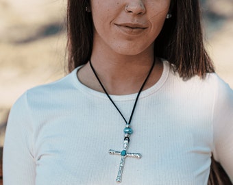 Long silver Celtic cross necklace, large engraved cross pendant, adjustable leather chain, boho style cross, religious gifts, porcelain.