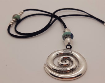 Small silver spiral pendant, long leather Celtic necklace, friend birthday gift, mother&#39;s day gift, porcelain, boho.