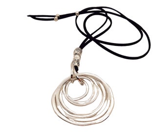 Long silver circle necklace, zamak bead pendant necklace, boho adjustable leather necklace, friend birthday gifts.