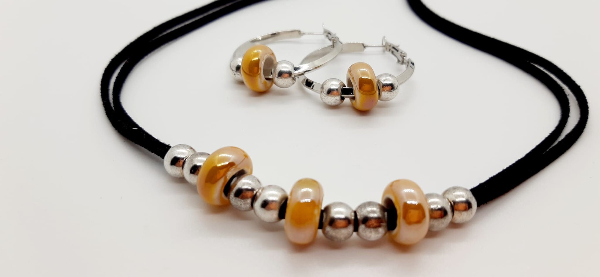 Leather and Zamak Pendant, Handmade Ceramic Beads, Necklace