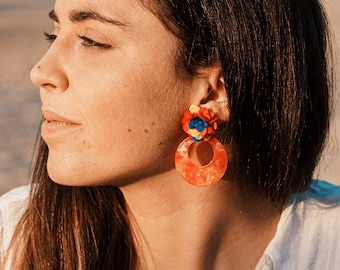 Medium flamenco hoops, fabric flower earrings, Spanish gypsy earrings, handmade boho flamenco jewelry, best friend gifts,