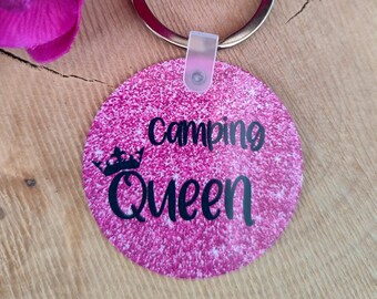 Schlüsselanhänger, rund, Camping Queen, pink, Spruch, personalisierbar