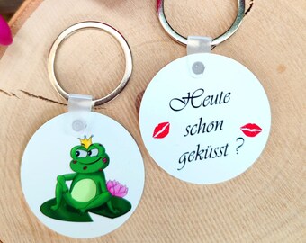 Keychain, round, frog king, already kissed today, saying, customizable