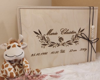 Memory box, birth and baptism gift, customizable wooden box, wooden memory box, box for babies with 5 different motifs