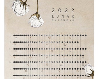 2022 Union Lunar Calendar Print |Moon Phase Calendar / Wall Calendar - Moon Phase Art, Floral Art, Moon Phase Poster - Gifts for Her