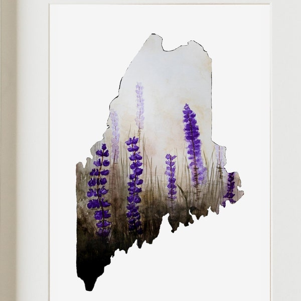 Maine Lupine Art Print- Watercolor Wall Art 5 in x 7 in PRINT - Wildflower Artwork Print - Maine Art - Small Wall Decor