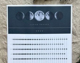 LUNAR CALENDAR 2024, Moon Calendar, Moon Poster, Lunar Phases 2024, Moon Phase Wall Art, Witchy Gifts, Made in Maine, Minimal Moon Calendar