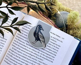 Crow Magnetic Bookmark, Bird Bookmark, Cottagecore, Forestcore, Dark Academia Inspired Bookmarks, Gifts for Booklovers, Witchy Art