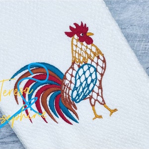 Rooster Embroidered Linen Towel, Waffle Weave Kitchen Towel, Rooster Tea Towel