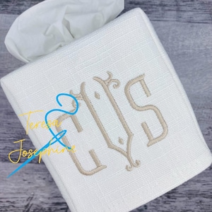 Monogrammed Tissue Box Cover, Linen Tissue Box Cover, Personalized Tissue Box Cover, Square Tissue Box Cover