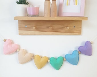 Pastel Rainbow Heart Garland, Nursery Baby Girl Room Wall Art Decor, Kids Playroom Banner Gift