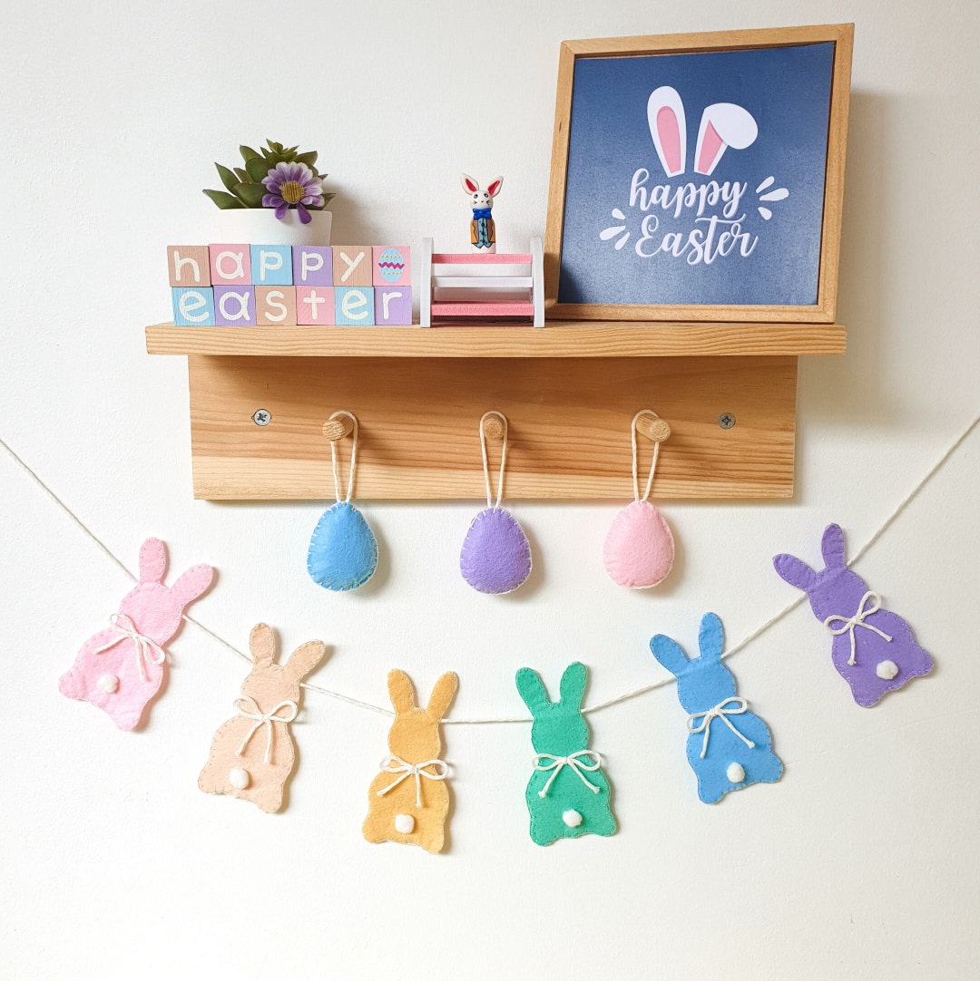 Easter Bunny Felt Banner Pastel Rainbow Decor, Spring Rabbit Garland - Etsy