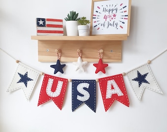 4th Of July Garland Home Decor, USA Wall Flag, Patriotic Felt Banner, Fireplace Decor