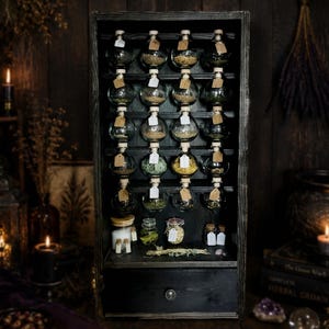 Handmade Apothecary Cabinet with 20 Bottles | Witchcraft Herb Ritual Storage Cabinet