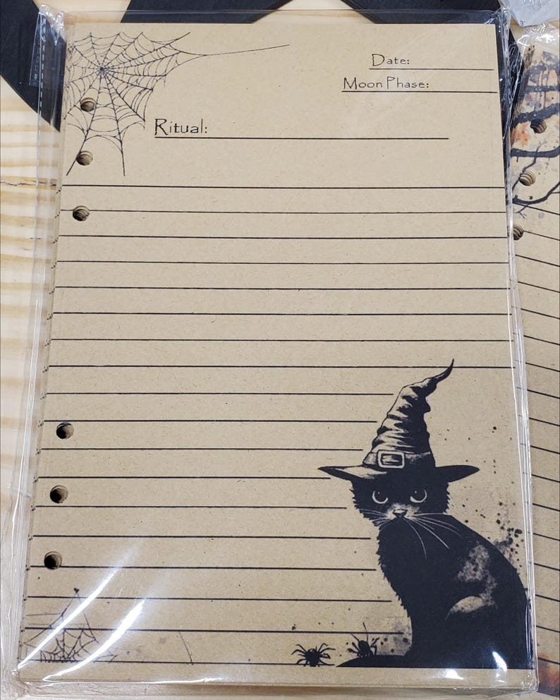 Op de afbeelding: Een bruin papieren dagboek met een zwarte kat die een heksenhoed draagt. Het dagboek heeft een spinnenwebontwerp en gestreepte pagina's. De tekst "Ritual" staat op de pagina gedrukt.