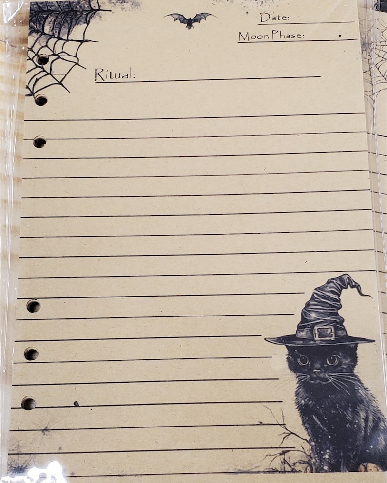 Op de afbeelding: Een lege pagina uit een heksendagboek met een zwarte kat die een heksenhoed draagt in de rechterbenedenhoek. De pagina heeft lijnen om op te schrijven en een spinnenwebontwerp in de linkerbovenhoek. De tekst "Ritueel:" staat bovenaan de pagina. De tekst "Datum:" en "Maanfase:" staat rechtsboven.