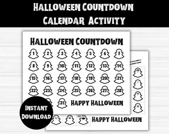 Calendario imprimible de cuenta regresiva de Halloween: Actividad de fantasmas (descarga digital)