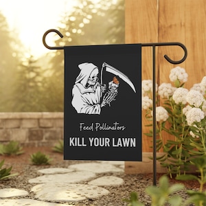 Bandera para jardín o casa "Destruye tu césped" / Bandera para alimentar a los polinizadores / Bandera de estilo cottagecore oscuro, jardinería gótica, pancarta de permacultura, Gothcore