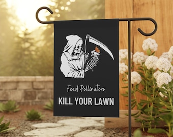 Döda din gräsmatta, trädgårds- eller husflagga | Mata pollinatörer-flagga | Mörk Cottagecore-flagga, Goth-trädgårdsskötsel, Permakulturbanderoll, Gothcore