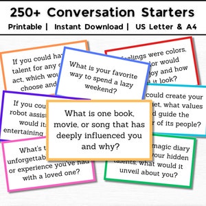 250+ Conversation Starters, Printable Conversation Cards, Icebreaker, Get to Know You, Family Dinner Time Conversation Ideas, Car Rides