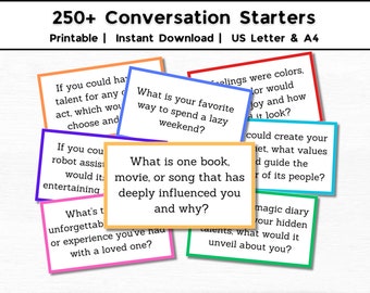 250+ Conversation Starters, Printable Conversation Cards, Icebreaker, Get to Know You, Family Dinner Time Conversation Ideas, Car Rides