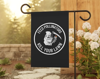 Alimentar polinizadores matam seu jardim gramado ou bandeira de casa, bandeira Dark Cottagecore, jardinagem gótica, banner de permacultura, gótico, bandeira polinizadora