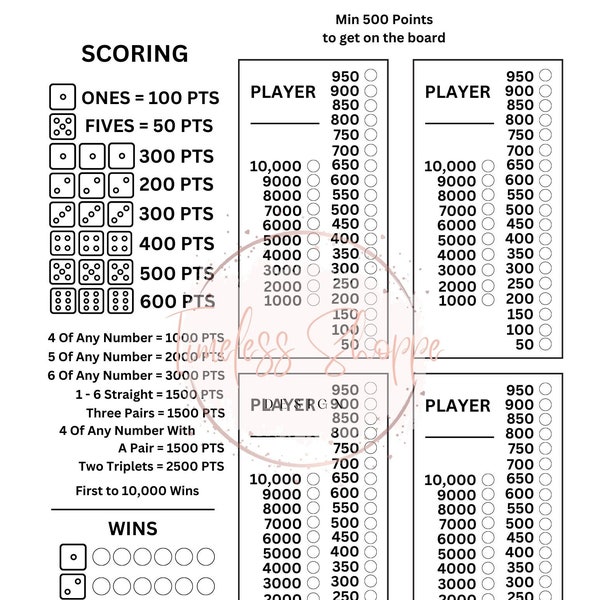10 000 Dice Game Score Sheet Printable 10 000 Dice Game Score Sheet Printable
