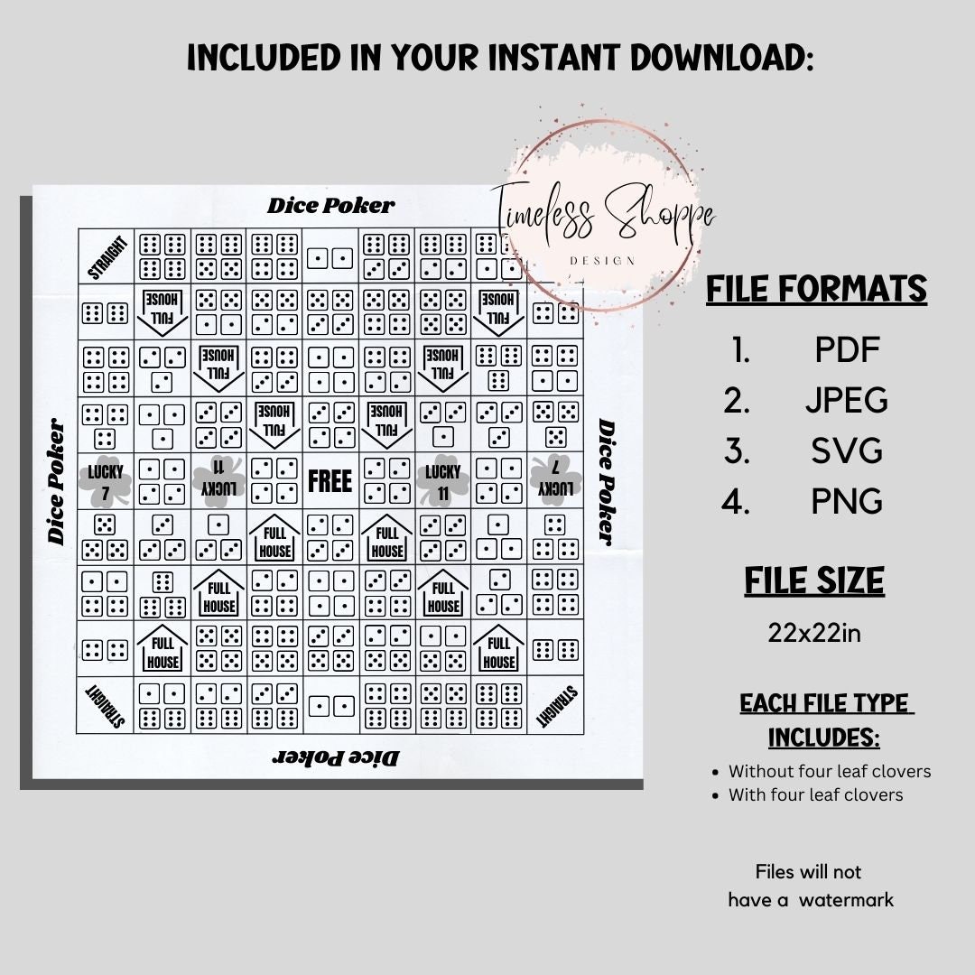 Würfelpoker Vorlage, Würfelpoker, Spielvorlage, druckbare Vorlage, SVG